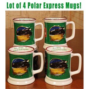 Lot of 4 Official Polar Express Mugs – Raised BELIEVE Train Artwork – Xmas Cocoa